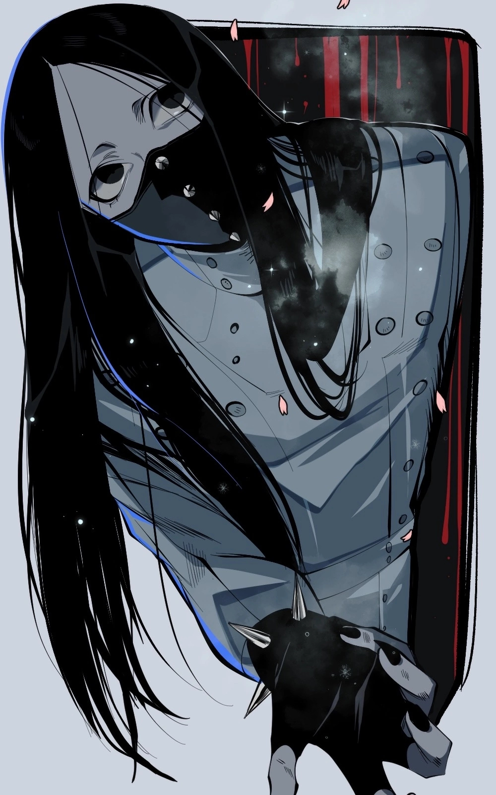 1boy as_nodt black_gloves black_hair black_nails bleach bleach:_sennen_kessen-hen bracelet fingerless_gloves fingernails gloves highres jewelry jonya long_hair long_sleeves looking_up male_focus mask mouth_mask nail_polish quincy_(bleach) sharp_fingernails simple_background solo spiked_bracelet spiked_mask spikes sternritter white_background