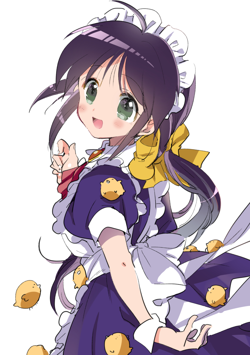 1girl ahoge andou_mahoro apron ascot bird black_hair blue_dress chick cowboy_shot dress frilled_apron frills from_behind fujii_rino green_eyes long_hair looking_at_viewer looking_back low_ponytail mahoromatic maid maid_headdress ponytail red_ascot ribbon simple_background too_many too_many_chicks white_apron white_background wrist_cuffs yellow_ribbon