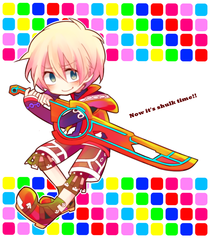 1boy blonde_hair blush brown_pants deformed english_text full_body grey_eyes holding holding_weapon hood hood_down looking_at_viewer male_focus monado no_nose pants sakaduki_chako shulk_(xenoblade) smile solo weapon xenoblade_chronicles_(series) xenoblade_chronicles_1