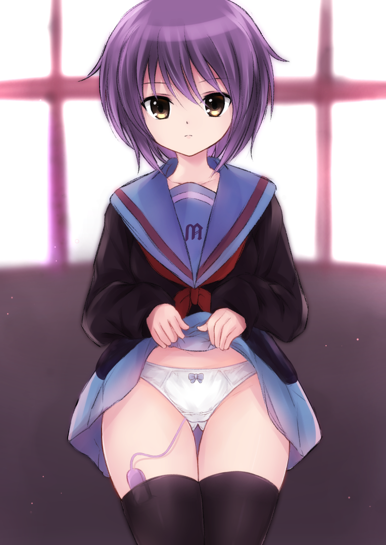 1girl black_thighhighs blue_sailor_collar blue_skirt brown_cardigan brown_eyes cardigan closed_mouth clothes_lift collarbone commentary_request egg_vibrator expressionless female_masturbation kaze_(kaze_kaza) kita_high_school_uniform lifting_own_clothes long_sleeves looking_at_viewer masturbation nagato_yuki neckerchief panties purple_hair red_neckerchief red_ribbon ribbon sailor_collar school_uniform serafuku sex_toy short_hair skirt skirt_lift solo suzumiya_haruhi_no_yuuutsu thighhighs underwear vibrator vibrator_cord vibrator_under_clothes vibrator_under_panties white_panties zettai_ryouiki