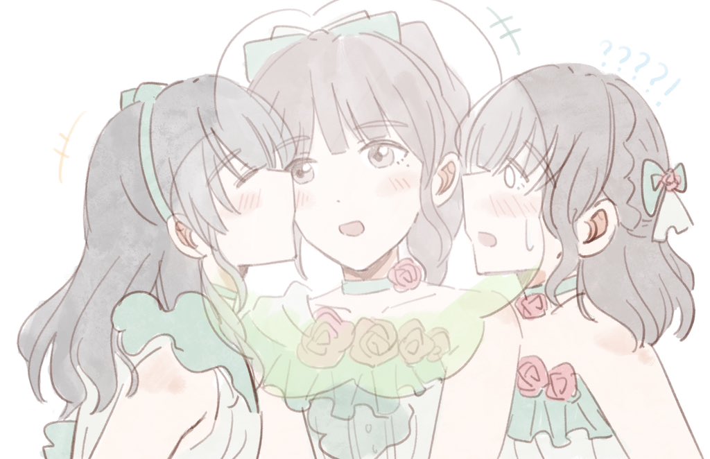 !? 3girls 4th_live_dream_~bloom_the_dream_believers~ :d animification aqua_choker aqua_hairband black_hair blunt_bangs blush bow cerise_bouquet choker collarbone commentary cotton_candy dress flower flower_choker food hair_bow hairband hanamiya_nina holding holding_cotton_candy holding_food kiss kissing_cheek link!_like!_love_live! long_hair love_live! medium_hair moyang multiple_girls nirei_nozomi open_mouth pink_flower pink_rose ponytail profile real_life rose sakurai_hina simple_background single-shoulder_dress single_bare_shoulder smile symbol-only_commentary upper_body voice_actor white_background white_dress yume_wazurai yuri
