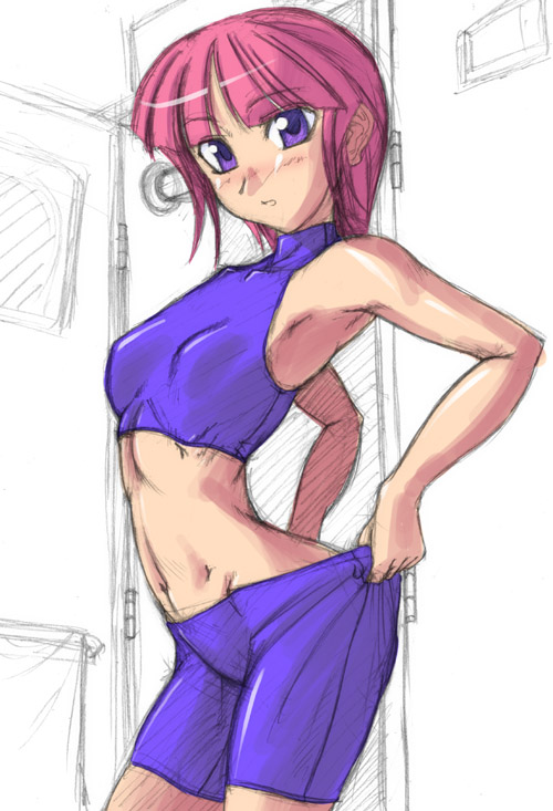 1girl breasts clothes_pull mai_kobayashi midriff non-web_source othousand pink_hair purple_eyes small_breasts super_robot_wars super_robot_wars_original_generation