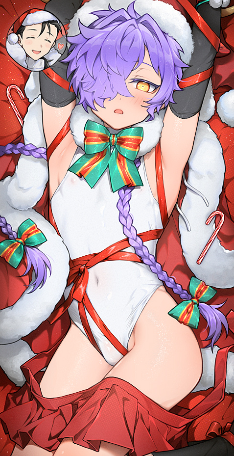 2boys aged_down armpits black_gloves blush bow braid candy candy_cane covered_erect_nipples covered_navel elbow_gloves fate/grand_order fate_(series) feet_out_of_frame food gloves green_bow hair_over_one_eye hat heart honi_(ohohoni) leotard long_hair looking_at_viewer lying male_focus multiple_boys okada_izou_(fate) open_mouth pleated_skirt purple_hair red_hat red_ribbon red_skirt ribbon sakamoto_ryouma_(fate) santa_hat skirt twin_braids white_leotard yellow_eyes