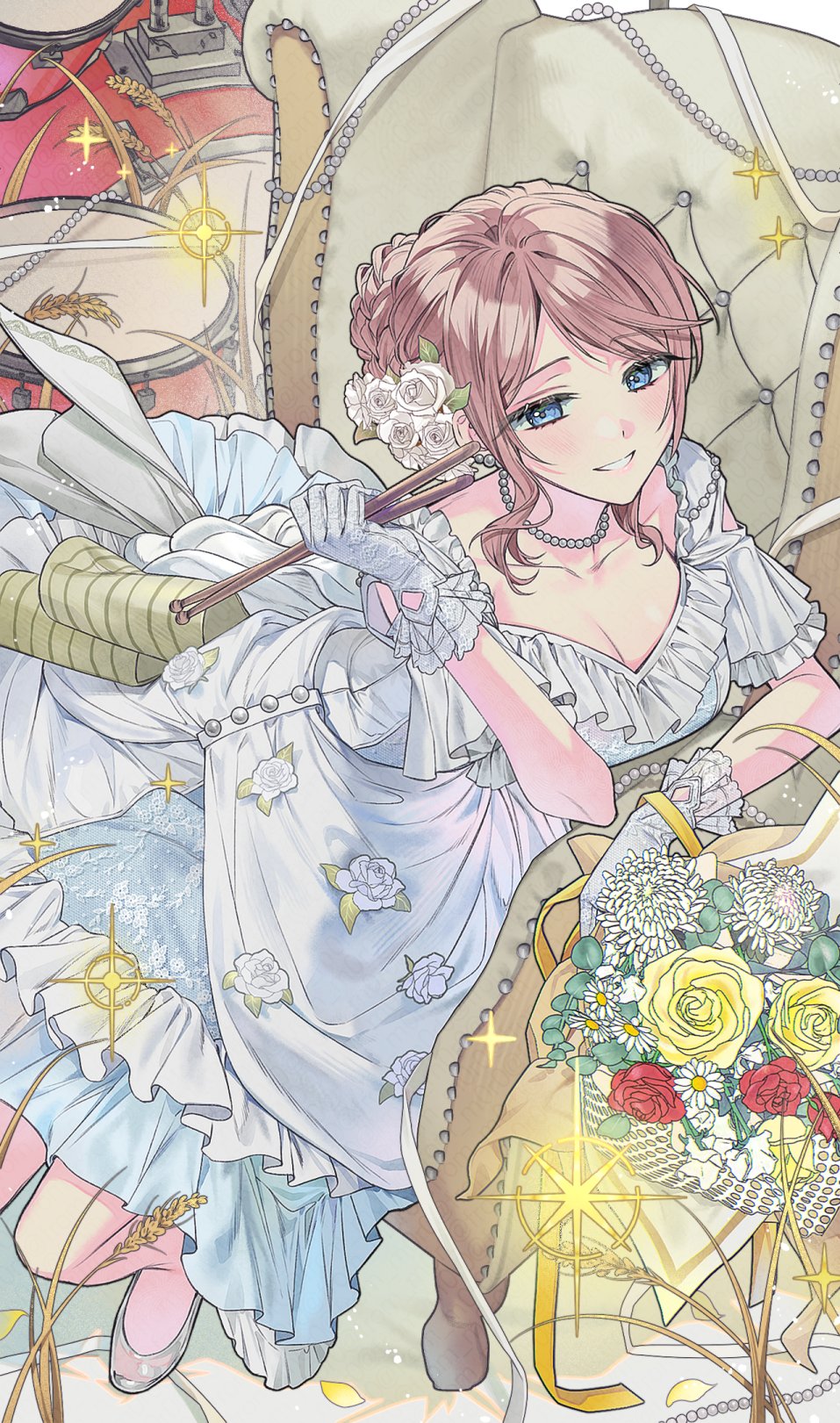 1girl armchair blue_eyes bouquet breasts bridal_veil bride brown_hair chair cleavage collarbone commentary dress dress_flower drum drum_set drumsticks english_commentary flower frilled_dress frilled_gloves frills gloves grin hair_flower hair_ornament highres holding holding_drumsticks instrument lace_dress large_breasts mochizuki_honami moro_(from_m0r0) official_alternate_costume official_alternate_hairstyle project_sekai red_flower red_rose rose sidelocks smile solo sparkle swept_bangs tarot the_empress_(tarot) tonari_ni_tatsu_yasashii_anata_e_(project_sekai) veil wedding_dress white_dress white_flower white_footwear white_gloves white_rose yellow_flower yellow_rose