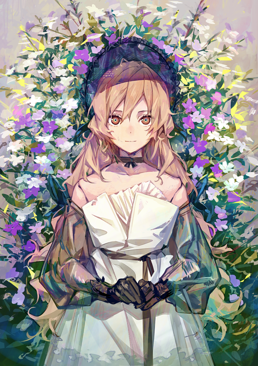 1girl bare_shoulders black_choker black_gloves bonnet brown_eyes brown_hair choker closed_mouth commentary_request cowboy_shot dress floral_background flower gloves hair_between_eyes highres logi_bunbukucha long_hair long_sleeves looking_at_viewer original own_hands_together purple_flower see-through_clothes see-through_sleeves smile solo standing strapless strapless_dress white_dress white_flower
