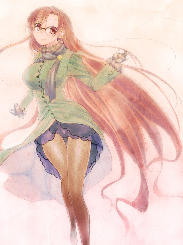 1girl alternate_hairstyle aozaki_touko aozaki_touko_(mahou_tsukai_no_yoru) bad_id bad_pixiv_id breasts female_focus fishnet_pantyhose fishnets glasses kamehima large_breasts long_hair mahou_tsukai_no_yoru pantyhose red_eyes red_hair solo very_long_hair