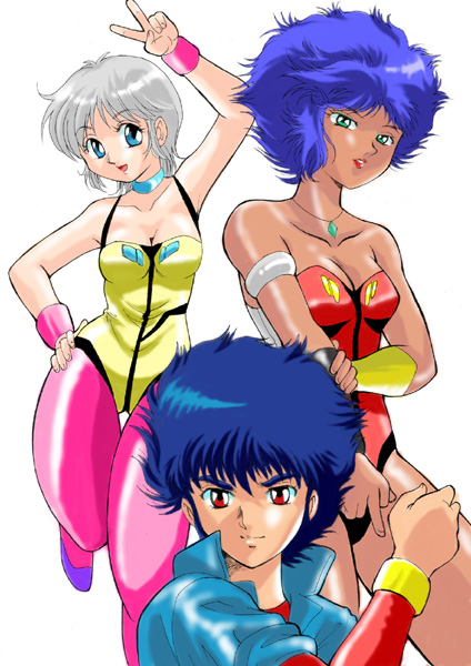 1980s_(style) 2girls blue_eyes blue_hair dangaiou dark-skinned_female dark_skin green_eyes lambda_nom leotard multiple_girls oldschool pai_thunder pantyhose pink_pantyhose ranpu red_eyes retro_artstyle roll_kulan short_hair silver_hair