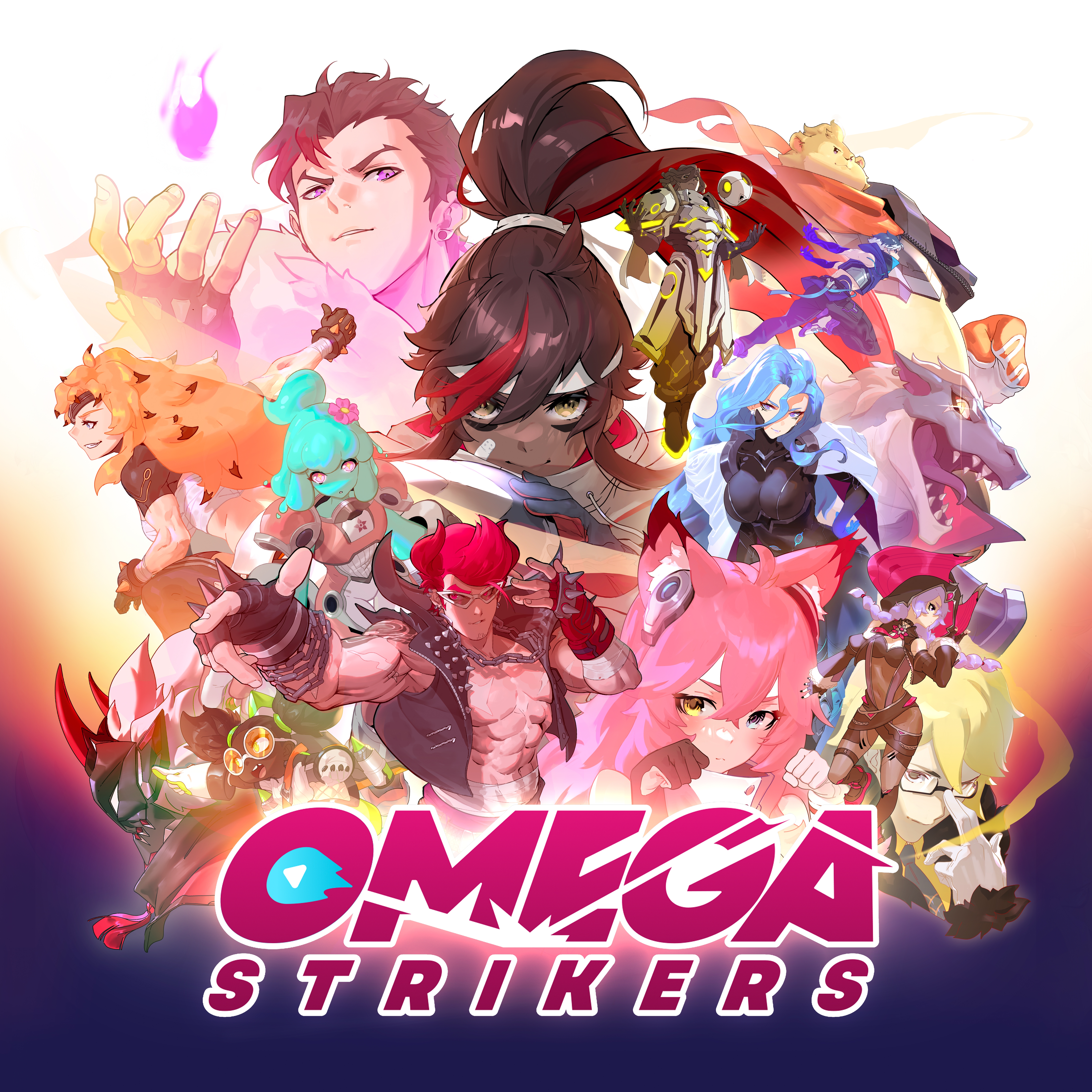 6+boys 6+girls absurdres adjusting_eyewear ai.mi_(omega_strikers) armor artist_request asher_(omega_strikers) atlas_(omega_strikers) black_hair blonde_hair blue_background blue_eyes blue_hair brown_hair child copyright_name creature drek&#039;kar_(omega_strikers) dubu_(omega_strikers) era_(omega_strikers) estelle_(omega_strikers) fingerless_gloves fire floating fur_trim gloves gradient_background heterochromia highres jacket juliette_(omega_strikers) juno_(omega_strikers) kai_(omega_strikers) light_blue_hair long_hair luna_(omega_strikers) mask missing_tooth monster_girl multicolored_hair multiple_boys multiple_girls muscular muscular_female muscular_male official_art omega_strikers orange_hair orb paw_pose pink_hair pointing purple_hair rasmus_(omega_strikers) red_hair rune_(omega_strikers) running scarf short_hair simple_background slime_girl smile studded studded_jacket sunglasses topless_male two-tone_hair white_background white_hair x_(omega_strikers) yellow_eyes zentaro_(omega_strikers)
