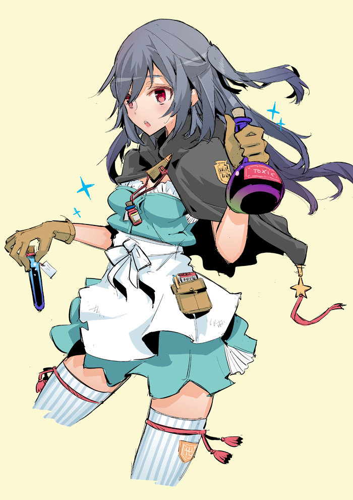 1girl blush breasts brown_gloves capelet dress female_focus flask gloves grey_hair long_hair original pink_eyes pouch short_dress simple_background small_breasts solo striped_clothes striped_thighhighs tajima_ryuushi test_tube thighhighs two_side_up vertical-striped_clothes vertical-striped_thighhighs volumetric_flask zettai_ryouiki