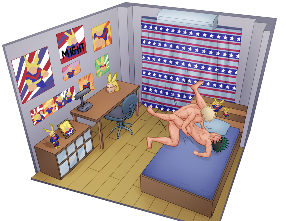 2boys all_might anal bakugou_katsuki boku_no_hero_academia bones_(company) camo caught dorm_room figurine gay gay_domination indoors male merchandise midoriya_izuku multiple_boys nude on_bed poster poster_(object) sex shounen_jump spiked_hair yaoi
