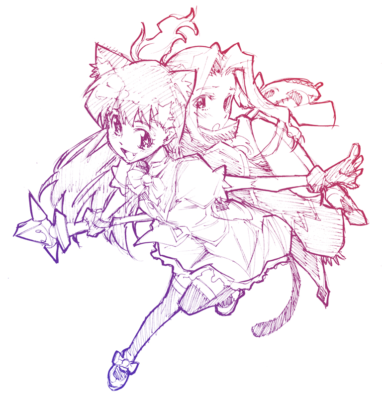 00s 2girls alternate_costume animal_ears bow cat_ears cat_tail darry_adai dress fang hair_ornament kiyal_bachika kiyalunga magical_girl mori_kotarou multiple_girls sketch staff tail tengen_toppa_gurren_lagann tengen_toppa_gurren_lagann:_parallel_works thighhighs