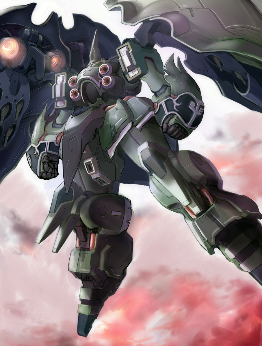 clenched_hands cloud flying gacha-m gundam gundam_unicorn highres kshatriya mecha mecha_focus no_humans one-eyed pink_eyes robot science_fiction sky solo thrusters