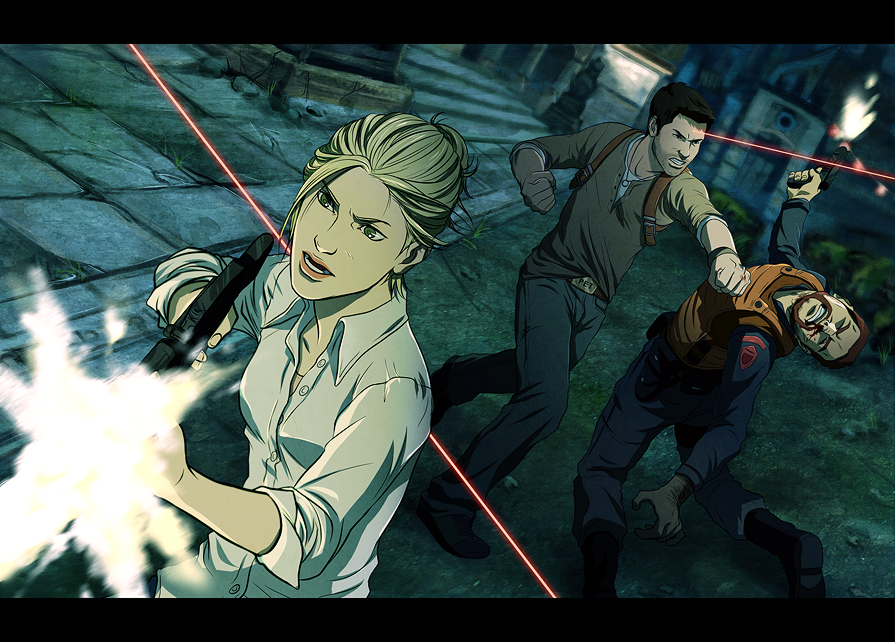 1girl 2boys battle blonde_hair blood brown_eyes brown_hair couple elena_fisher fighting green_eyes gun multiple_boys nathan_drake naughty_dog uncharted weapon