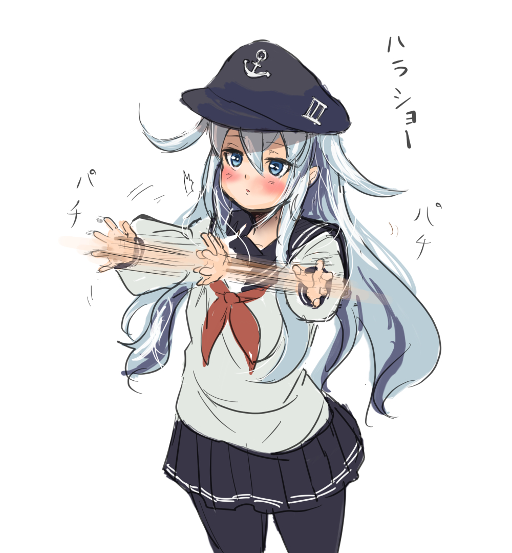 10s 1girl blue_eyes clapping female_focus flat_cap hat hey_taisyou hibiki_(kancolle) horosho kantai_collection long_hair neckerchief pantyhose pleated_skirt school_uniform serafuku silver_hair sketch skirt solo