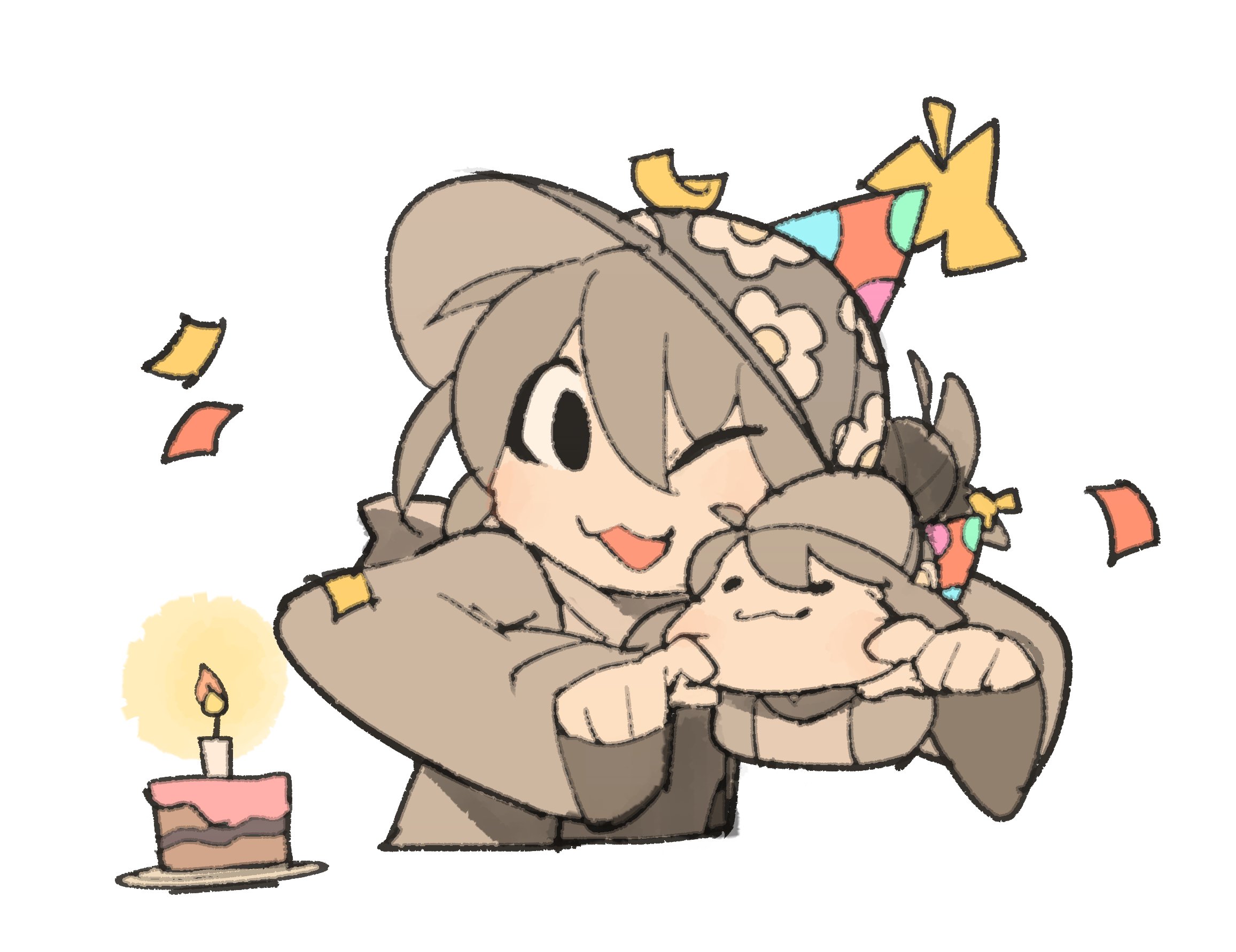 ._. 2girls :3 artist_self-insert birthday_cake brown_hair brown_jacket cake cake_slice candle closed_mouth commentary confetti cropped_torso english_commentary fire floral_print food hands_on_another's_face hat highres jacket long_sleeves multiple_girls multiple_hats no_nose one_eye_closed open_mouth original party_hat plate simple_background smile temmie_chang temmie_chang_(character) white_background