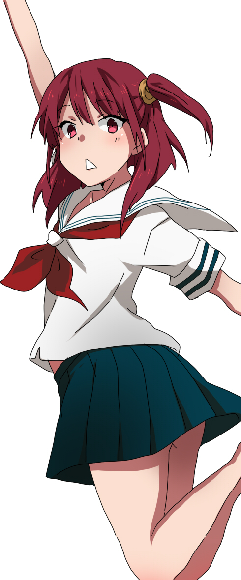 1girl bad_id bad_pixiv_id bare_legs barefoot blush cosplay crossover female_focus hapoa jumping kuzuryuu_momoko kuzuryuu_momoko_(cosplay) magi_the_labyrinth_of_magic morgiana pleated_skirt red_eyes red_hair school_uniform serafuku short_sleeves side_ponytail simple_background skirt solo sumomomo_momomo white_background