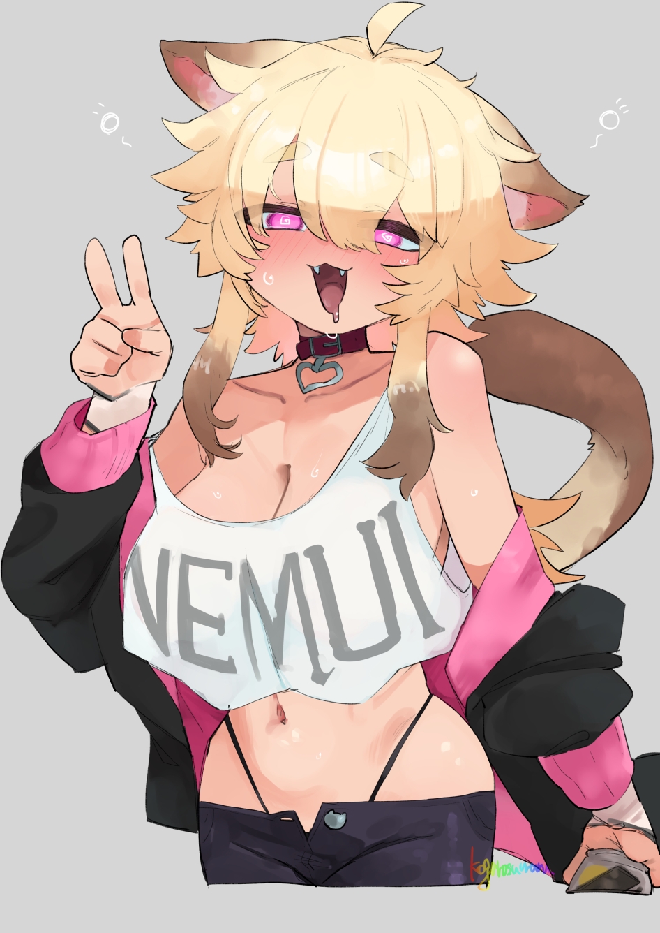 1girl @_@ ahoge animal_collar animal_ears bare_shoulders black_jacket blonde_hair blush breasts cat_ears cat_girl cat_tail clothes_writing collar cowboy_shot cropped_legs drooling fangs grey_background hair_between_eyes half-closed_eyes highres indie_virtual_youtuber jacket karasuma234 large_breasts looking_at_viewer midriff mouth_drool navel open_clothes open_jacket open_mouth panty_straps pink_eyes red_collar signature simple_background smile solo squeans strap_slip sweat tail tank_top thick_eyebrows v virtual_youtuber white_tank_top yamada_nyankichi