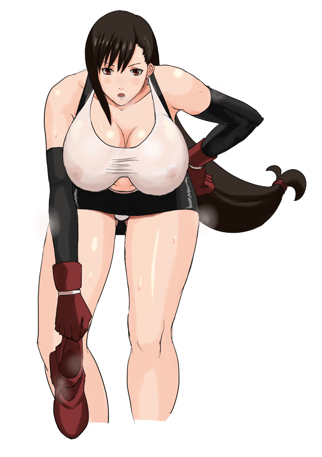1girl 78_(tky8) bare_legs black_gloves black_hair bow breasts cleavage covered_erect_nipples elbow_gloves final_fantasy final_fantasy_vii gloves hairband holding holding_shoes large_breasts long_hair looking_at_viewer nipples open_mouth red_eyes red_gloves shirt shoes shorts simple_background solo sports_bra square_enix standing sweat tifa_lockhart wet wet_clothes wet_shirt white_background