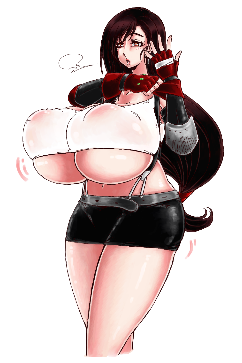 1990s_(style) 1girl blush breasts brown_hair curvy female_focus final_fantasy final_fantasy_vii fingerless_gloves gigantic_breasts gloves highres lips long_hair open_mouth orange_eyes psp(3dass) puffy_nipples retro_artstyle simple_background solo standing thick_thighs thighs tifa_lockhart underboob white_background