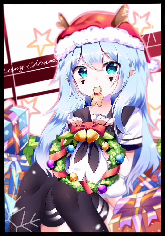 1girl aotu_world aqua_eyes bell black_thighhighs blue_hair blush closed_mouth female_focus gift gingerbread_man hat long_hair looking_at_viewer merry_christmas red_hat santa_hat shu_(pjxv7485) smile solo thighhighs wreath
