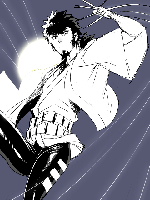 10s 1boy beard black_hair blue_background dimension_w facial_hair jacket japanese_clothes looking_at_viewer mabataki mabuchi_kyoma male_focus monochrome ponytail sideburns simple_background solo