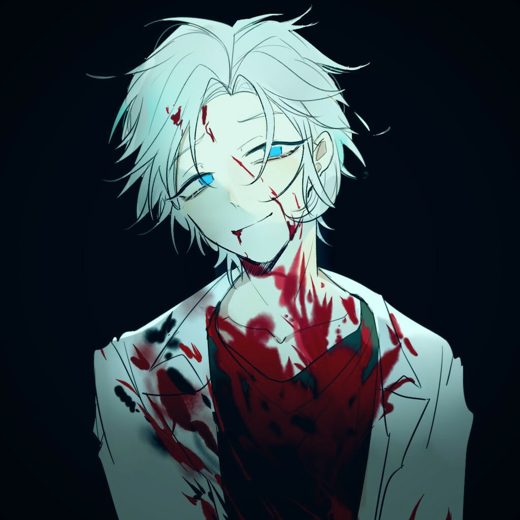 1boy black_background blood blood_from_mouth blood_on_clothes blood_on_face blue_eyes closed_mouth coat green_shirt kanou_aogu lab_coat lemijiang male_focus open_clothes open_coat saibou_shinkyoku shirt short_hair simple_background smile solo spoilers upper_body white_coat white_hair