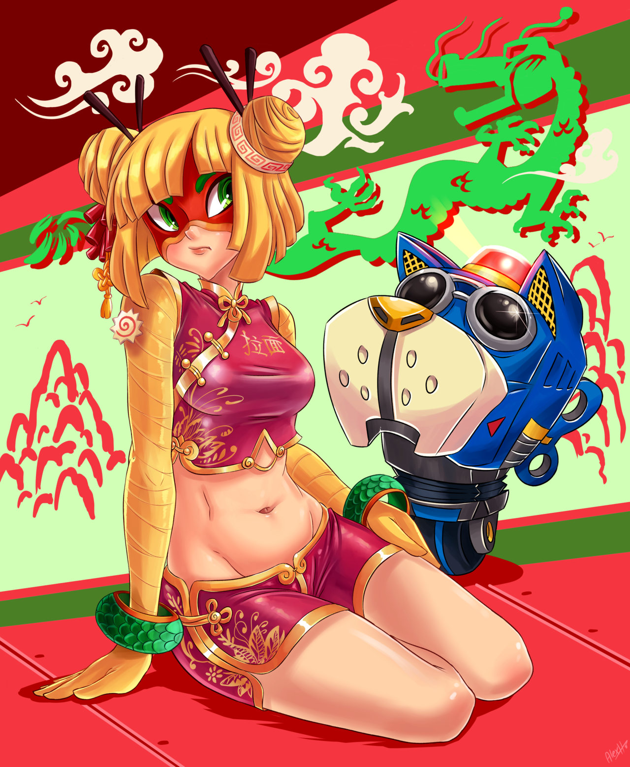 1girl alternate_costume alternate_hairstyle arms_(game) barq blonde_hair bracelet breasts centaurhillzone china_dress chinese_clothes chopsticks double_bun dragon dress frown green_eyes groin hair_bun highres image_sample jewelry mask medium_breasts midriff min_min_(arms) navel nintendo robot shorts sitting