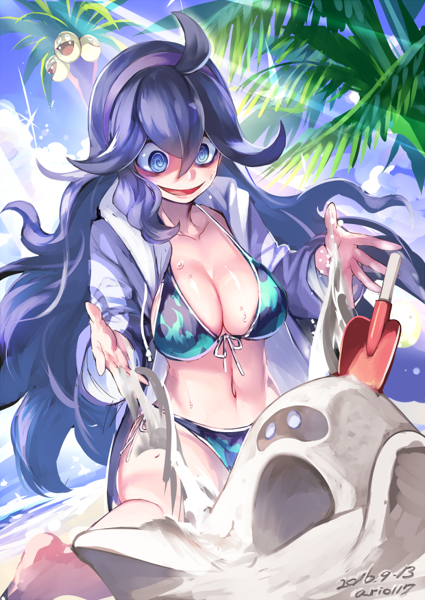 10s 1girl 2016 @_@ alolan_exeggutor alolan_form alternate_breast_size ario artist_name beach bikini blue_bikini blue_eyes blue_hair blue_sky breasts cleavage dated day front-tie_bikini_top front-tie_top gen_7_pokemon hex_maniac_(pokemon) jacket large_breasts long_hair long_sleeves navel nintendo npc_trainer open_clothes open_jacket outdoors palm_tree pokemon pokemon_(creature) pokemon_sm pokemon_xy sandygast sitting sketch sky smile spade summer swimsuit tree very_long_hair water
