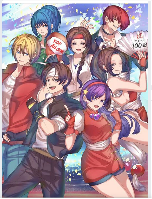 3boys 4girls asamiya_athena brown_eyes brown_hair fatal_fury hair_ornament hand_fan ikari_warriors japanese_clothes kusanagi_kyou leona_heidern long_hair multiple_boys multiple_girls psycho_soldier ryuuko_no_ken shiranui_mai snk terry_bogard the_king_of_fighters the_king_of_fighters_&#039;98 yagami_iori yuri_sakazaki