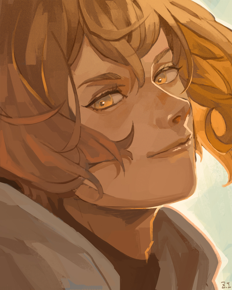 1boy blonde_hair closed_mouth commentary dated_commentary hair_between_eyes higekiri_(touken_ranbu) looking_at_viewer male_focus portrait short_hair signature smile solo touken_ranbu yellow_eyes zi_tsas