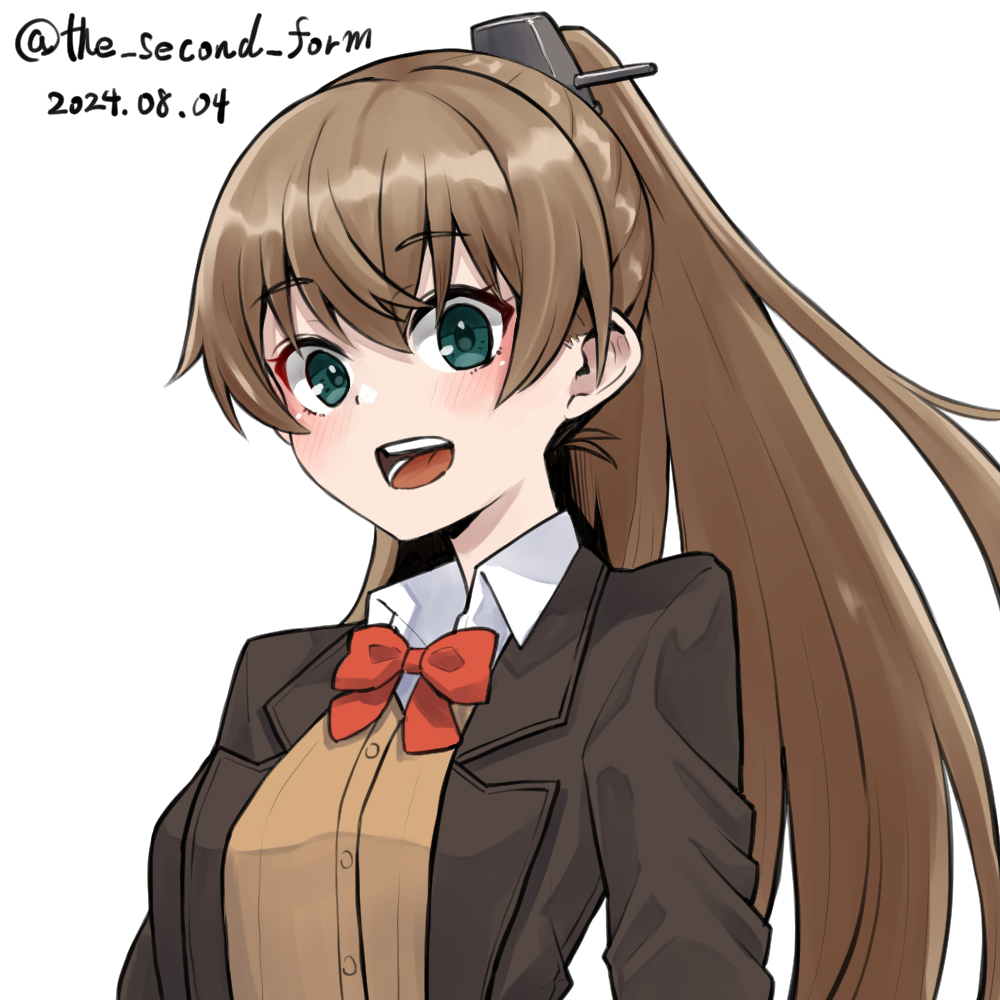 1girl blazer bow bowtie brown_cardigan brown_hair brown_jacket cardigan collared_shirt dated dress_shirt green_eyes headgear holly_dainikeitai jacket kantai_collection kumano_(kancolle) kumano_kai_ni_(kancolle) long_hair one-hour_drawing_challenge open_mouth ponytail red_bow red_bowtie shirt simple_background smile solo teeth twitter_username upper_teeth_only white_background white_shirt