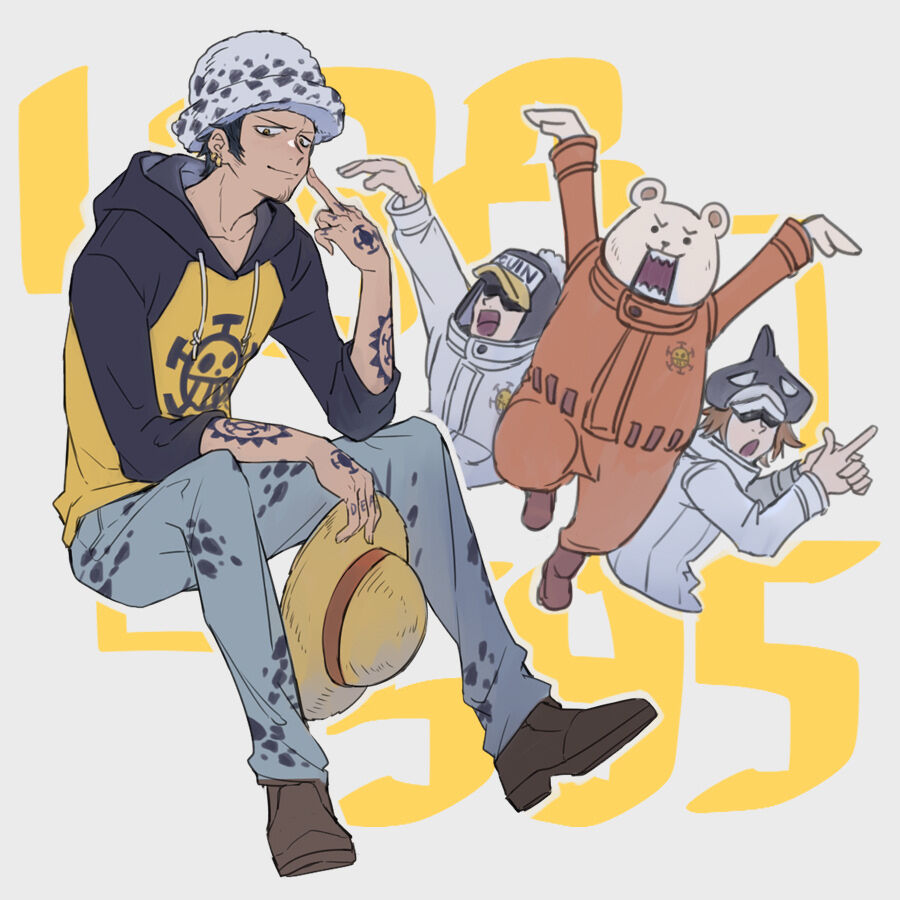 animal arm_tattoo bear bepo_(one_piece) denim earrings facial_hair fur_hat hat holding holding_unworn_clothes holding_unworn_hat hood hoodie jeans jewelry male_focus middle_finger multiple_boys one_piece open_mouth overalls pants penguin_(one_piece) polar_bear shachi_(one_piece) simple_background sitting sleeves_rolled_up smirk solo_focus straw_hat tattoo trafalgar_law unworn_hat unworn_headwear yellow_eyes yurichi_(artist)