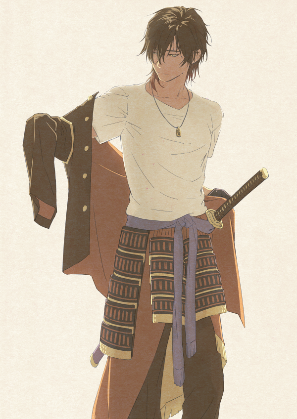 1boy armor black_gloves black_hair black_jacket black_pants brown_hair closed_mouth dark-skinned_male dark_skin gloves hair_between_eyes jacket japanese_armor jewelry katana kusazuri leuco looking_to_the_side male_focus multicolored_hair necklace ookurikara pants purple_sash putting_on_jacket sash sheath sheathed shirt simple_background solo standing sword touken_ranbu two-tone_hair weapon white_shirt yellow_eyes