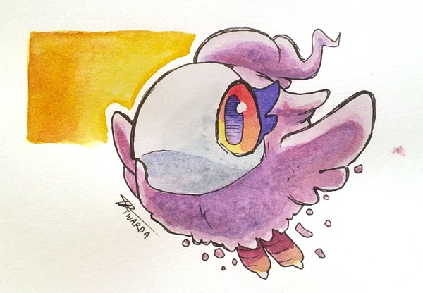 beak creature eyelashes feathers flying gen_6_pokemon nintendo orange_eyes pink_feathers pokemon pokemon_(creature) signature spritzee traditional_media twarda8 white_background wings
