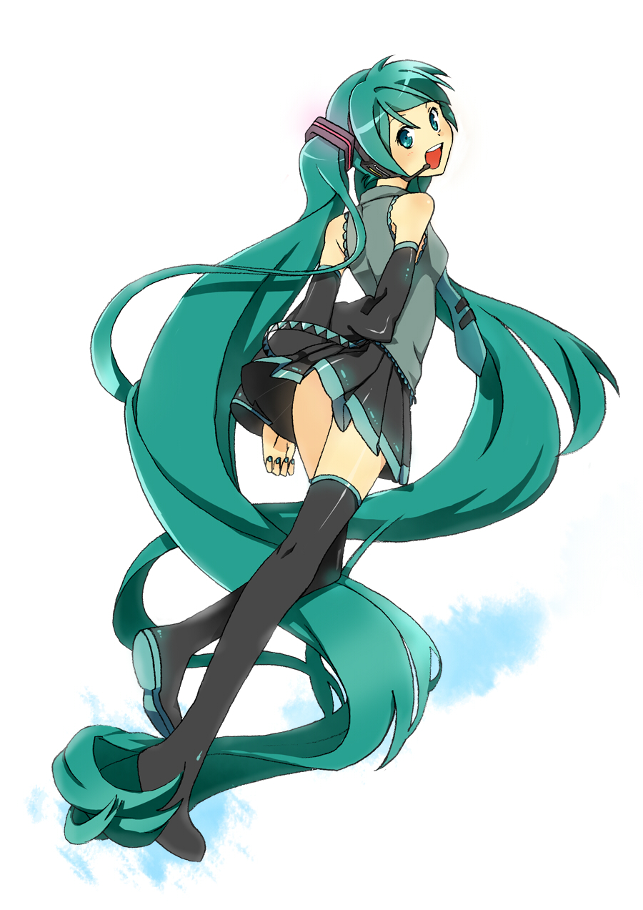 1girl aqua_eyes aqua_hair detached_sleeves female_focus from_behind hatsune_miku headphones headset highres legs long_hair looking_back necktie saku_(pixiv526117) simple_background skirt smile solo thighhighs twintails very_long_hair vocaloid zettai_ryouiki