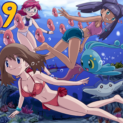 00s 3girls air_bubble barefoot belt bikini blue_eyes blue_hair breasts breath brown_hair bubble cleavage freediving gen_3_pokemon gen_4_pokemon gorebyss holding_breath judy_(pokemon) kyogre legendary_pokemon lizabeth_(pokemon) looking_back lowres luvdisc manaphy mantyke may_(pokemon) medium_breasts midriff multiple_girls mythical_pokemon nintendo panties pokemoa pokemon pokemon_(anime) pokemon_(creature) pokemon_ranger_and_the_temple_of_the_sea pokemon_rse_(anime) red_hair shirt shorts swimming swimsuit tied_shirt underwater underwear