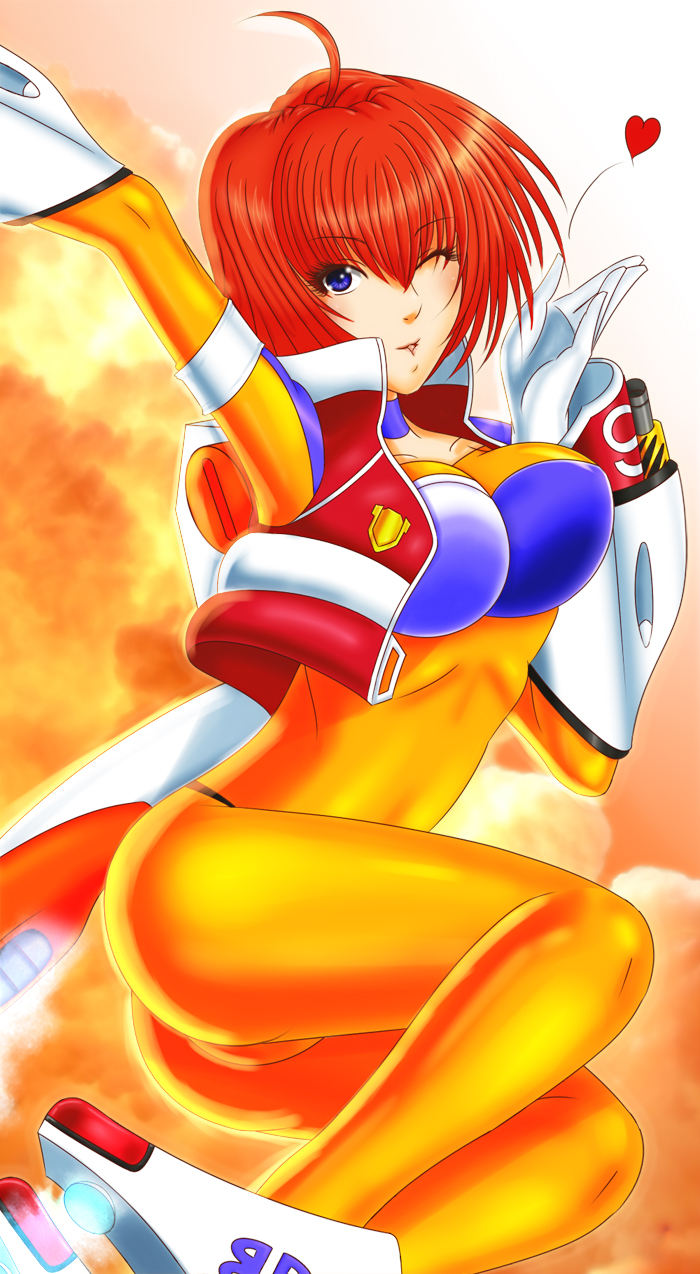 1girl ahoge blowing_kiss blue_eyes bodysuit breasts burning_rangers curvy eyelashes female_focus gauntlets gloves heart highres iforher one_eye_closed red_hair solo tillis