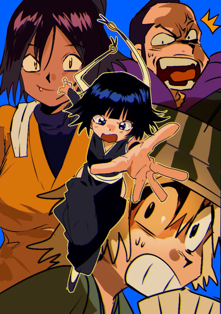 2boys 2girls anger_vein black_hair black_hakama black_pants bleach blue_background brown_eyes bucket_hat dark-skinned_female dark_skin fang hakama hakama_pants hat hip_vent japanese_clothes kimono medium_hair multiple_boys multiple_girls oomaeda_marechiyo open_mouth pants purple_hair second-party_source shihakusho shihouin_yoruichi simple_background sleeveless sleeveless_kimono striped_clothes striped_headwear sui-feng sweatdrop urahara_kisuke xi_luo_an_ya