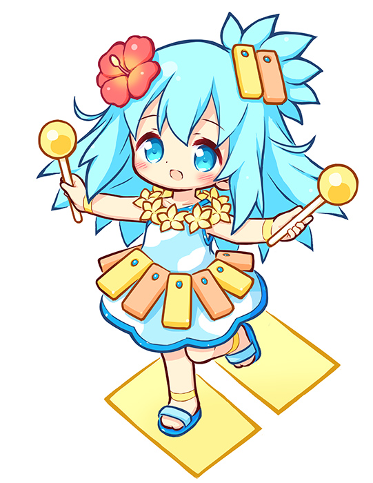 1girl :d aikei_ake blue_eyes blue_hair blue_sandals blush chibi commentary_request dress flower full_body hair_between_eyes hair_flower hair_ornament hibiscus holding instrument long_hair mallet_(instrument) open_mouth original personification red_flower sandals simple_background sleeveless sleeveless_dress smile solo standing standing_on_one_leg very_long_hair white_background white_dress xylophone yellow_flower
