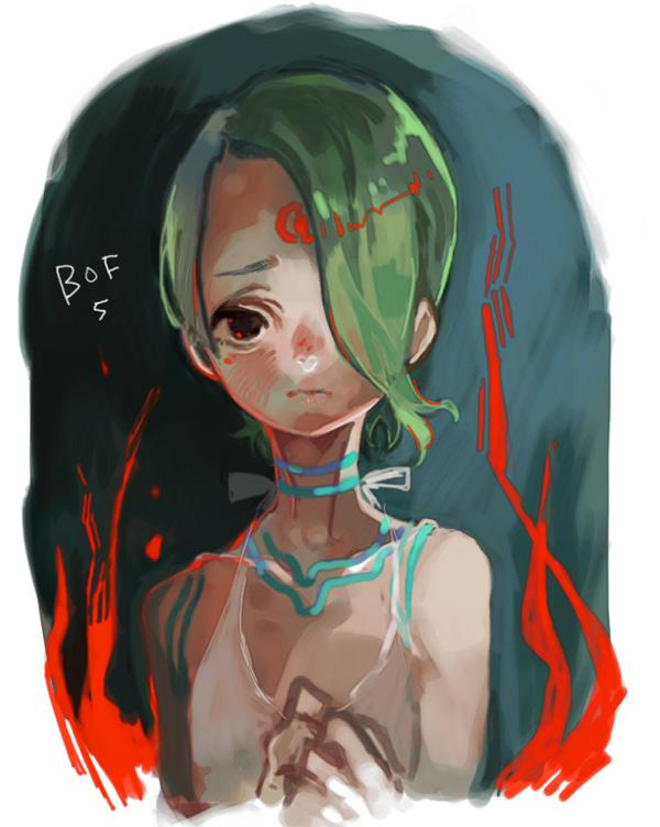 1girl breath_of_fire breath_of_fire_v closed_mouth dress facial_mark frown full-body_tattoo green_hair hair_over_one_eye looking_at_viewer nina_(breath_of_fire_v) red_wings short_hair solo tattoo white_dress wings