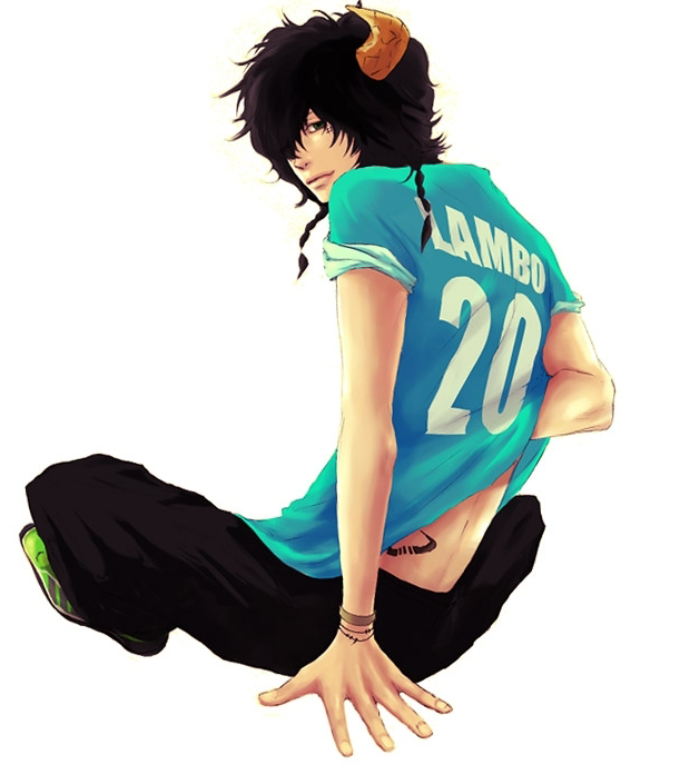 00s black_hair braid horns katekyo_hitman_reborn! lambo male_focus aged_up solo tattoo