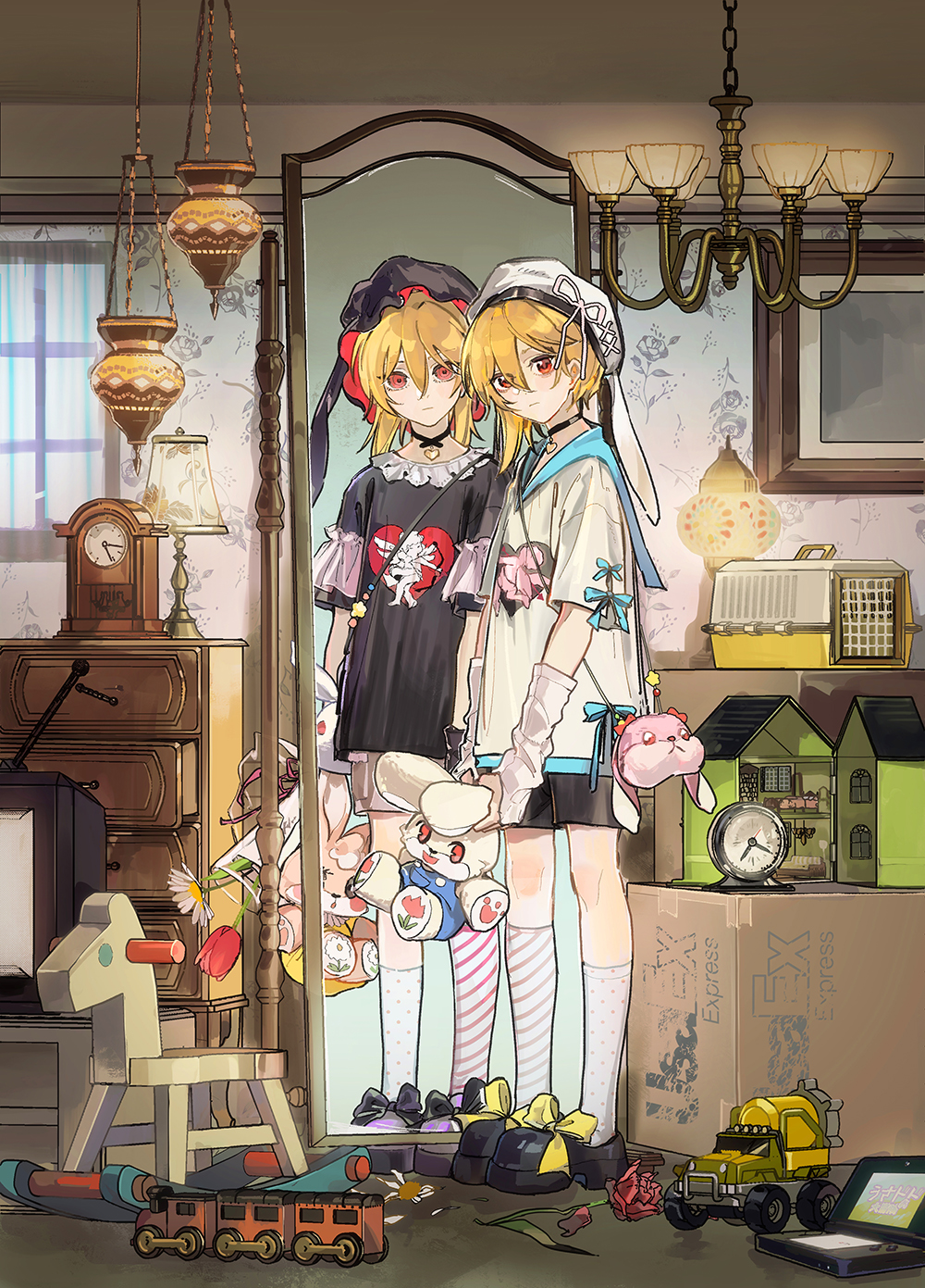 1boy androgynous animal_bag animal_hat arm_warmers asymmetrical_hair asymmetrical_legwear black_choker black_shirt black_shoes blonde_hair blush bonnet bouquet bow box cabinet cardboard_box ceiling chandelier choker clock closed_mouth clutter crt curtains different_reflection ensemble_stars! facing_to_the_side flower footwear_bow frilled_sleeves frills full-length_mirror game_console hair_between_eyes handheld_game_console hat heart heart_choker highres holding holding_bouquet holding_stuffed_toy hood indoors inverted_colors lace_collar lamp lampshade long_shirt looking_at_viewer male_focus messy_room mirror mismatched_legwear nito_nazuna oversized_clothes patterned_clothing patterned_legwear pet_carrier petals picture_frame platform_shoes print_shirt rabbit_bag rabbit_ear_headwear rabbit_hat red_eyes red_flower red_rose reflection reflection_focus rose shirt shoes shorts socks solo stuffed_animal stuffed_rabbit stuffed_toy toy_car toy_horse toy_house toy_train wall_lamp wallpaper_(object) white_shirt window