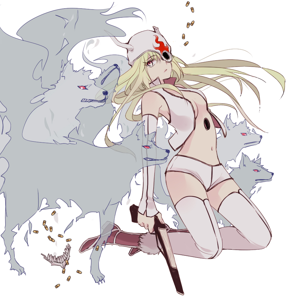 1girl aged_up apu arrancar bad_id bare_shoulders bleach blonde_hair boots breasts broken_horn bullet detached_sleeves eyepatch fake_horns female_focus green_hair gun handgun helmet hole hollow_(bleach) horned_helmet horns jaw lilynette_gingerbuck long_hair looking_at_viewer navel number_tattoo open_clothes open_shirt pink_eyes pistol red_eyes shirt short_shorts shorts skull solo tattoo thighhighs vest weapon white_thighhighs wolf