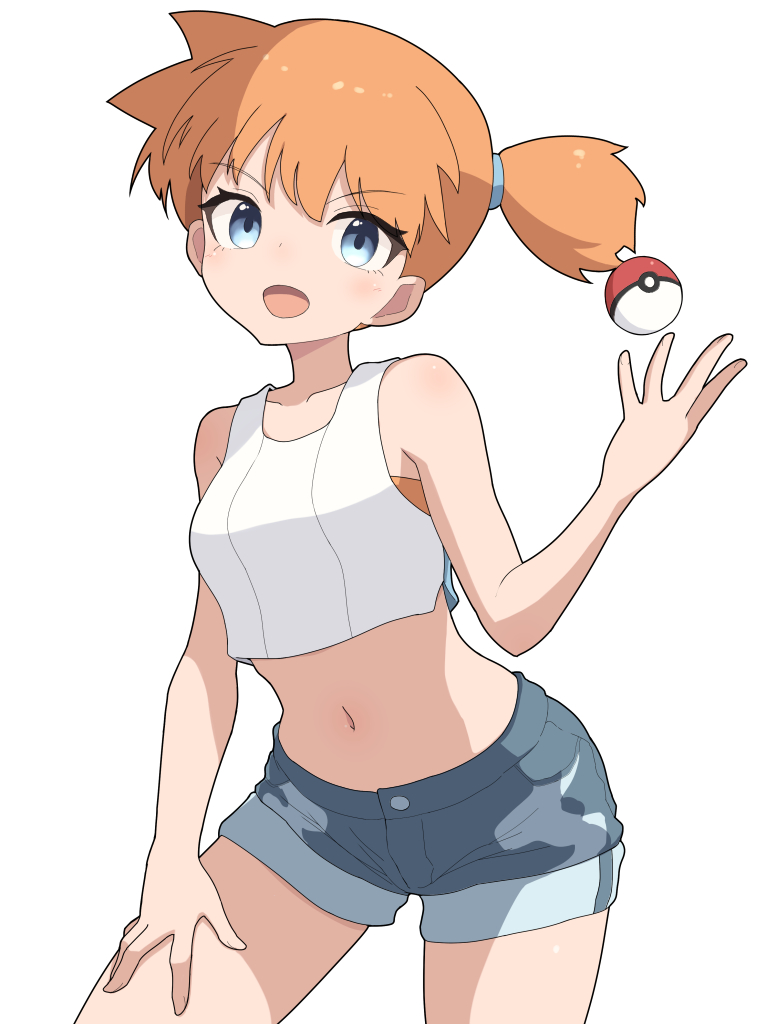 1girl :d bare_arms bare_shoulders blue_eyes blue_shorts blush breasts collarbone crop_top denim denim_shorts eyelashes gym_leader hand_on_own_thigh hand_up hiyoshipow leaning_forward looking_at_viewer midriff misty_(pokemon) navel nintendo open_mouth orange_hair poke_ball poke_ball_(basic) pokemon pokemon_(anime) pokemon_(classic_anime) pokemon_lgpe pokemon_rgby ponytail shirt short_hair short_shorts shorts side_ponytail sleeveless sleeveless_shirt smile solo standing suspenders thighs white_shirt