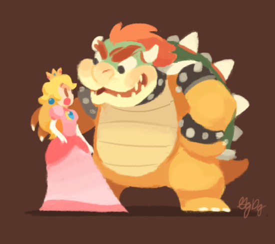 1boy 1girl armlet bad_id bad_tumblr_id black_collar blonde_hair bowser bracelet brown_background collar crown dress earrings elbow_gloves eye_contact gigi_d.g. gloves green_shell_(mario) horns jewelry long_hair looking_at_another mario_(series) nintendo open_mouth pink_dress princess_peach red_hair scared sharp_teeth short_hair signature simple_background smile spiked_armlet spiked_bracelet spiked_collar spiked_shell spikes standing teeth turtle_shell white_gloves