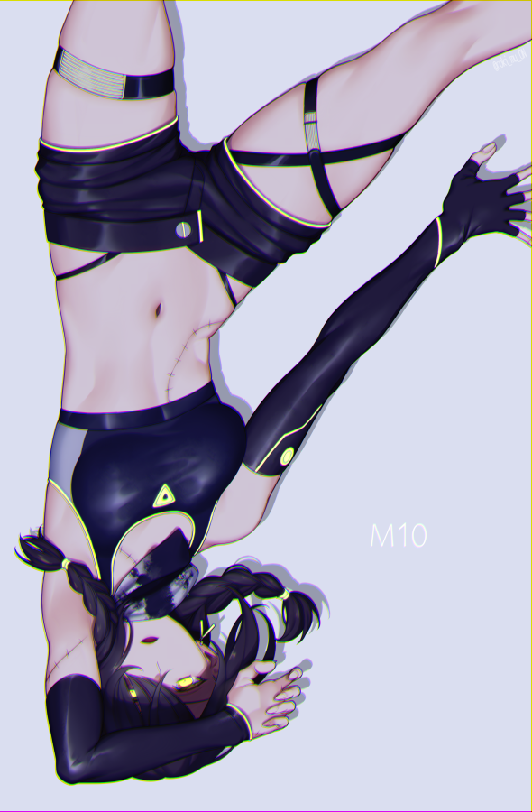 1girl black_sports_bra braid detached_sleeves girls&#039;_frontline green_eyes gun mac-10/11 mac-10_(girls&#039;_frontline) navel panty_straps roki_(shouka65) scar scar_on_arm simple_background sports_bra submachine_gun thong twin_braids twintails upside-down weapon