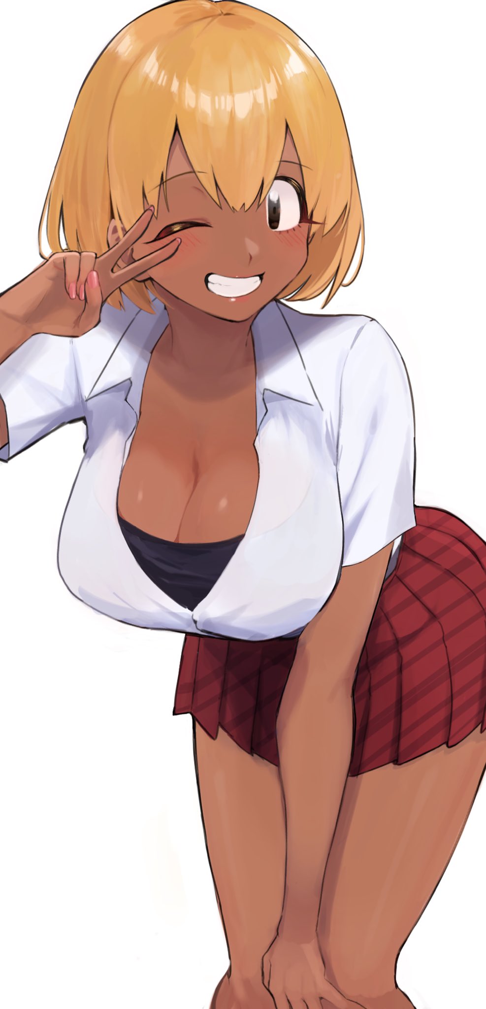 ayatak0517 blonde_hair blush breasts cleavage commentary_request gyaru hand_on_own_knee highres komi-san_wa_komyushou_desu large_breasts leaning_forward legs manbagi_rumiko miniskirt one_eye_closed school_uniform shirt short_hair skirt smile tan v white_background white_shirt