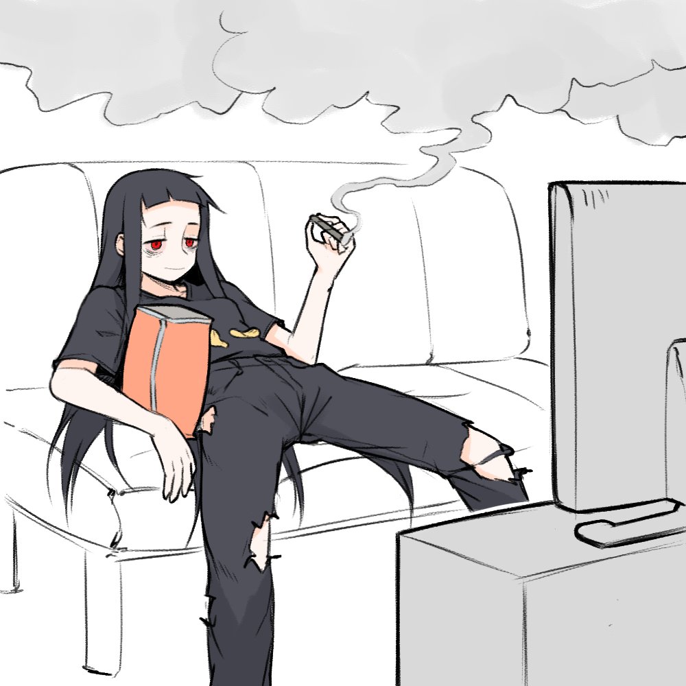 1girl bags_under_eyes balcony black_pants black_shirt bloodshot_eyes breasts chips_(food) commentary couch food joint_(drug) light_smile long_hair marijuana original pants potato_chips red_eyes shirt short_bangs sitting small_breasts smoke smoking solo t-shirt television torn_clothes torn_pants very_long_hair yblndr