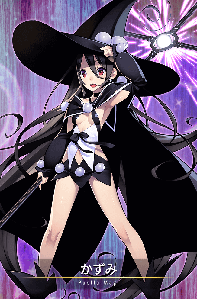 1girl bare_legs black_boots black_bow black_cape black_hair black_hat black_skirt black_sleeves boots bow breasts cape card_(medium) character_name cleavage cleavage_cutout clothing_cutout detached_sleeves dot_nose eyelashes feet_out_of_frame frilled_sleeves frills game_cg hair_between_eyes hand_on_headwear hat holding holding_behind_back holding_staff holding_weapon_behind_back kazumi_(madoka_magica) knees light_particles long_hair long_sleeves looking_at_viewer magia_record:_mahou_shoujo_madoka_magica_gaiden magic magical_girl mahou_shoujo_kazumi_magica mahou_shoujo_madoka_magica microskirt navel official_art open_mouth orb outline puffy_long_sleeves puffy_sleeves purple_background purple_outline red_eyes shirt side_slit skirt sleeves_past_wrists smile solo sparkle staff standing teeth tensugi_takashi upper_teeth_only very_long_hair waist_bow white_shirt witch_hat