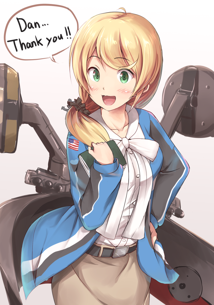 1girl american_flag belt blonde_hair blush book buttons collarbone cosplay ellen_baker english_text eyebrows female_focus green_eyes hair_over_shoulder hair_ribbon hand_on_own_hip holding holding_book ichikawa_feesu jacket kantai_collection long_hair looking_at_viewer low_ponytail machinery new_horizon open_clothes open_jacket open_mouth ponytail prinz_eugen_(kancolle) prinz_eugen_(kancolle)_(cosplay) ribbon scrunchie ship_turret shirt simple_background skirt solo